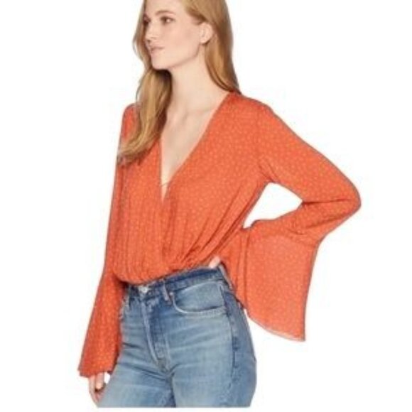 Free People Orange Red Polka Dot Wrap Bodysuit Bell Sleeve Chic Statement Piece - Picture 3 of 9